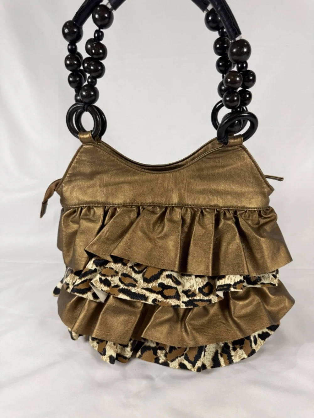 Y2K Bronze Leopard Ruffle Glam Handbag